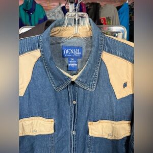 Vtg Merrill & Forbes Western Denim Snap Shirt XXL Tan Yokes P2P 29-30" Blue